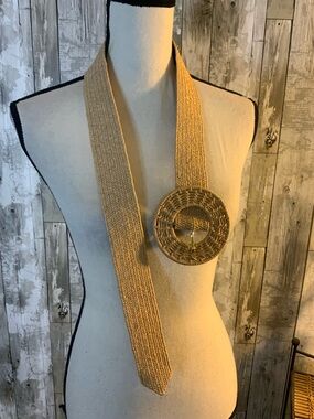 J. McLaughlin Woven Straw Tunic Belt with Round Buckle - Natural Tan